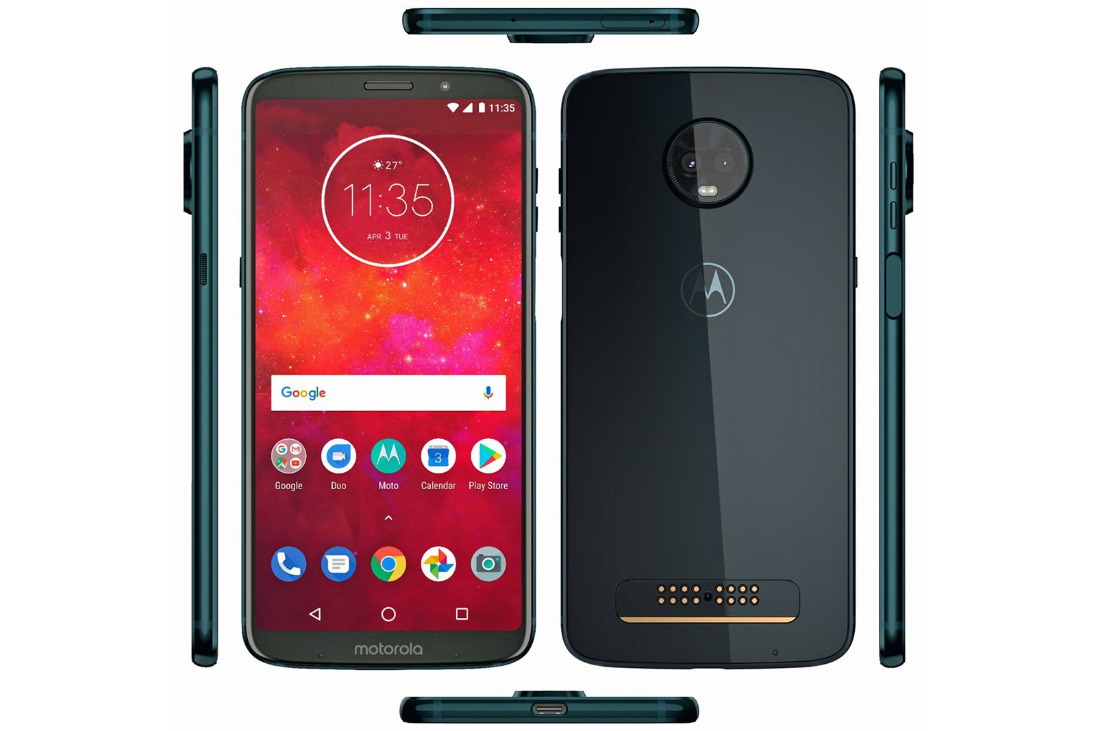 Motorola Moto Z3 Play renders show dual-lens rear camera with a