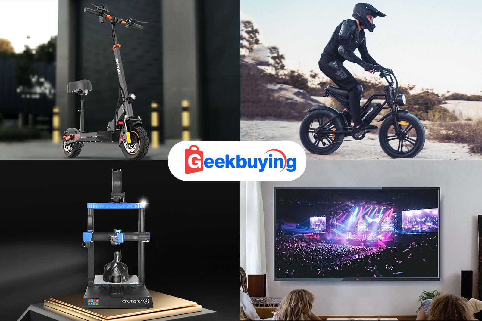 Geekbuying photo grid with an electric scooter, electric bike, 3D printer, and big screen TV