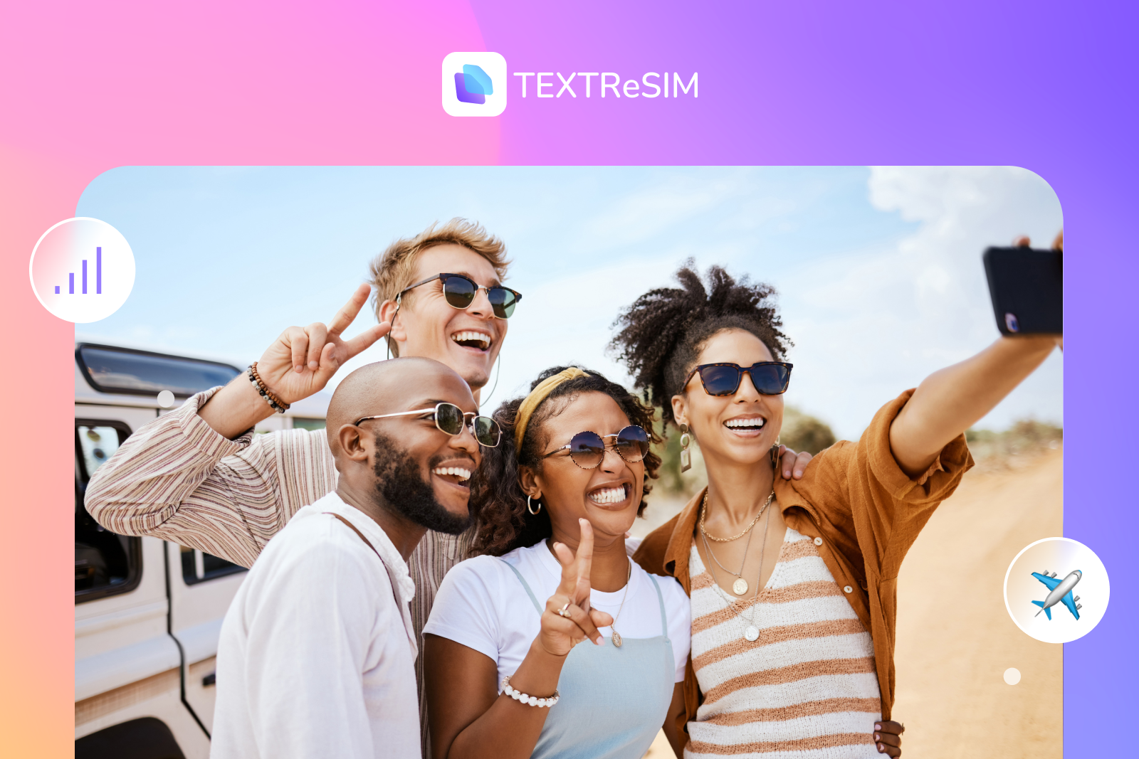 Four friends take a selfie in front of a vehicle