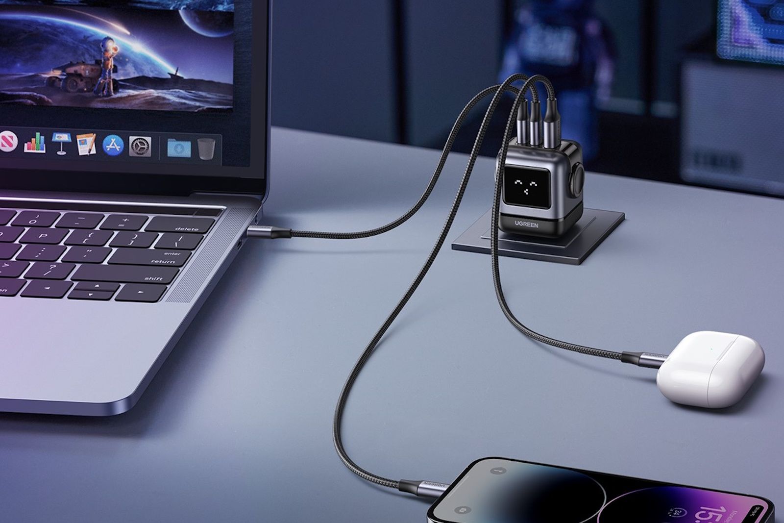 ugreen RG charger connected to macbook, iphone, and airpods