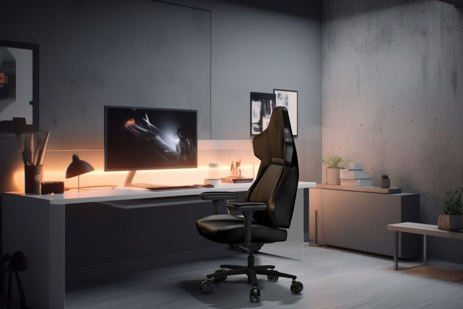 thunderx3 chair in room with gray walls