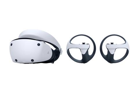 A VR headset with four cameras on the front next to two circular controllers.