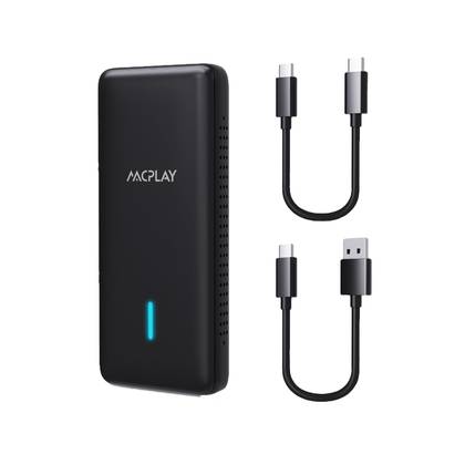 A rounded black rectangle sitting next to two cables.