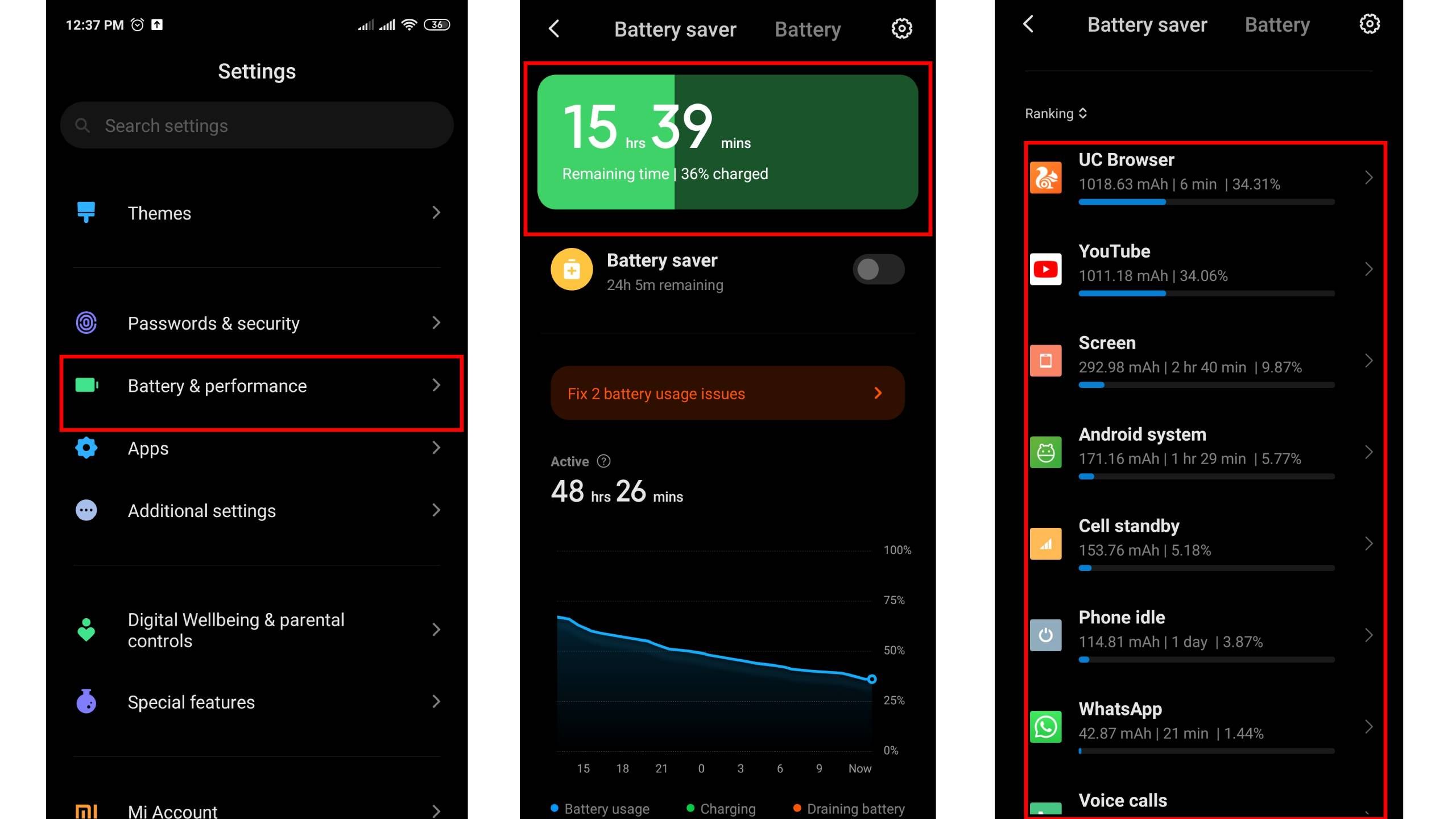 Battery health check on Android phone settings