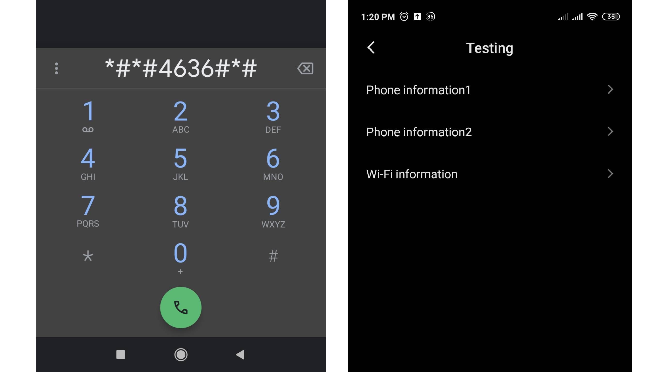 Screenshots of how to use a dial code to check battery health