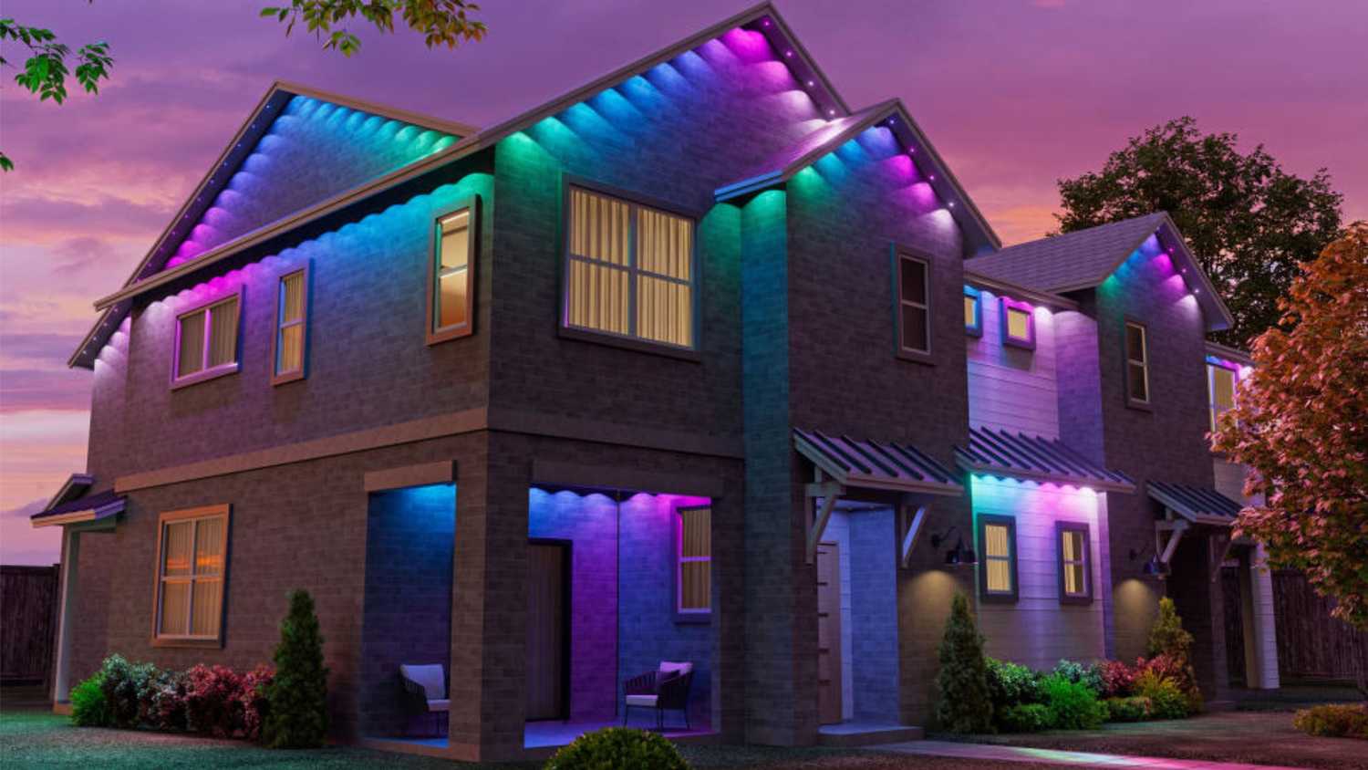A house decked out in Nanoleaf Outdoor Lights.