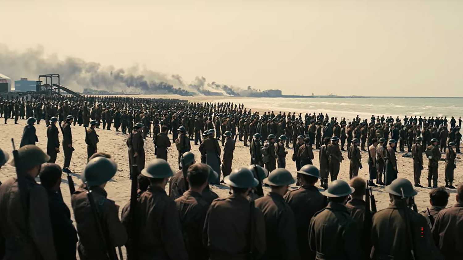 Soldiers on the beach in Christopher Nolan's Dunkirk.