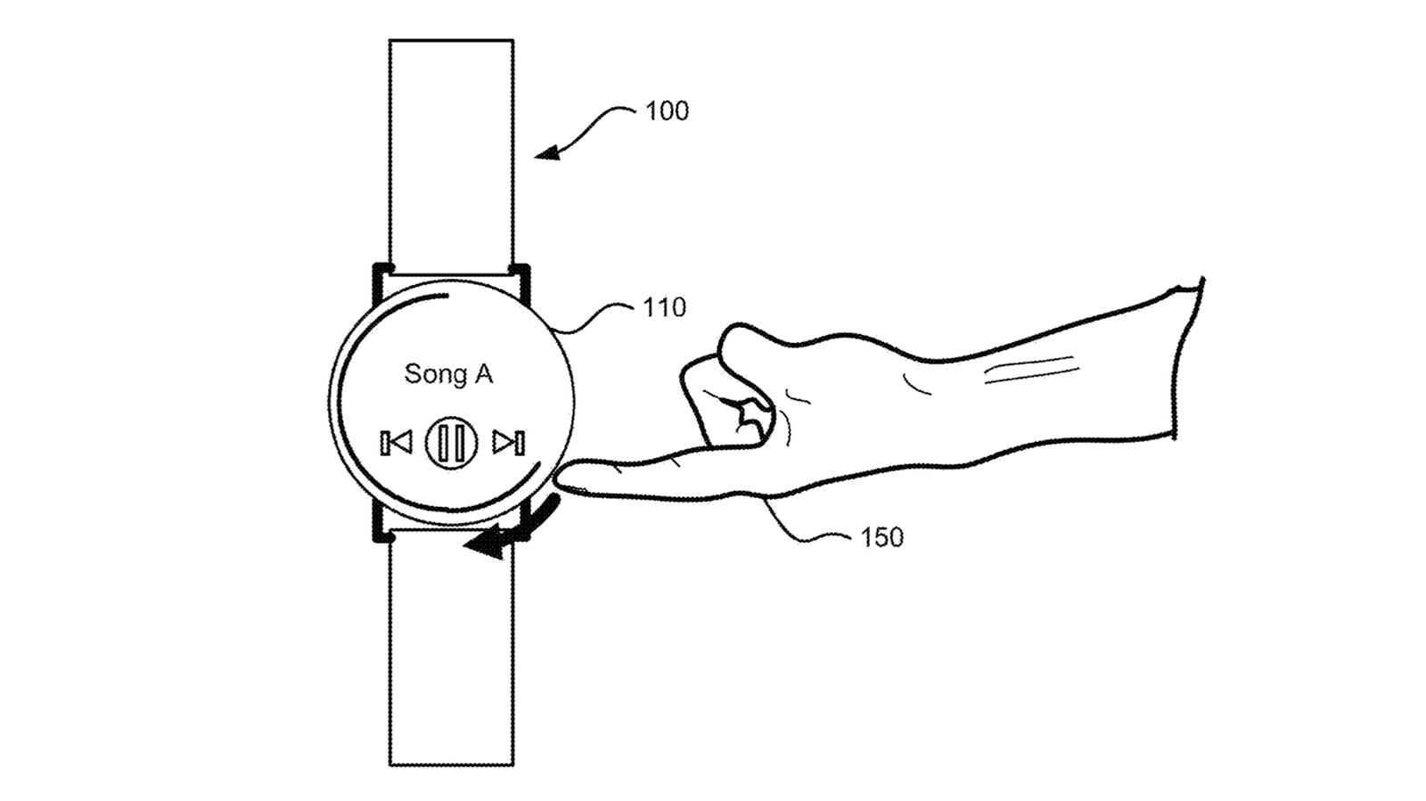 A patent diagram showing a hand gesture controlling a watch.