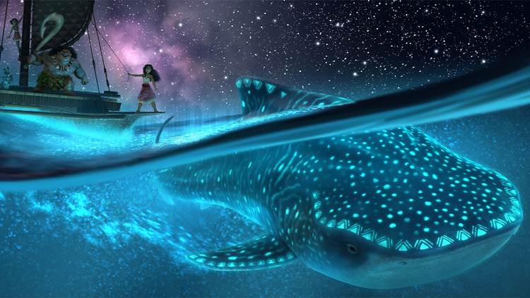 Moana and Maui sail on a boat as a whale swims underneath from the Disney animated film Moana