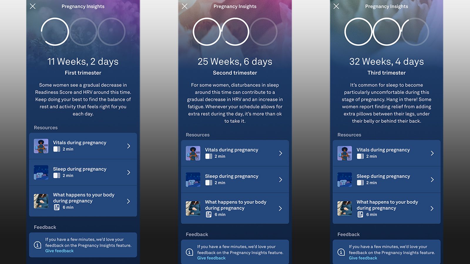 A trio of screenshots showing off Oura's new Pregnancy Insights feature