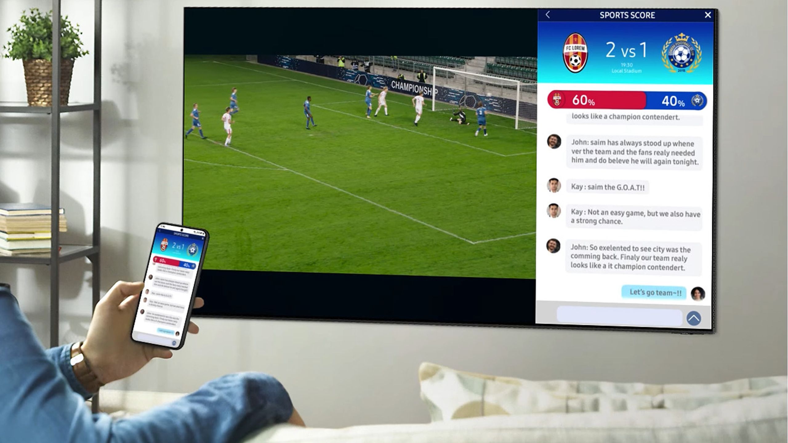 Samsung TV showing soccer game and text chain cast by smartphone