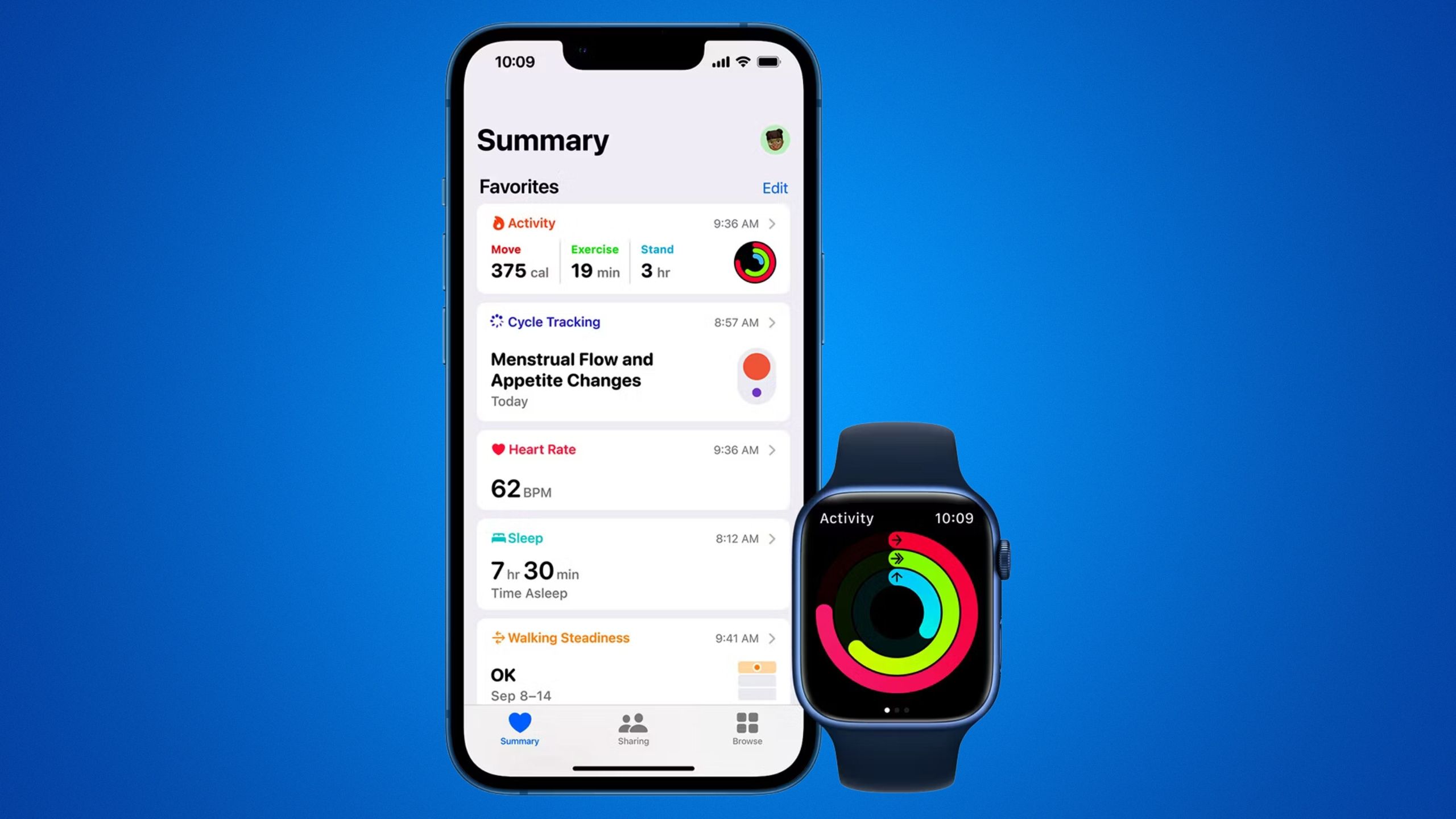 Apple Health on an iPhone, next to an Apple-Watch.
