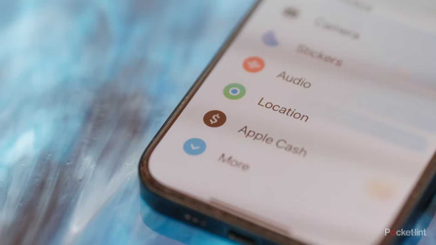 iMessage app menu showing Location, Apple Cash, and more. 