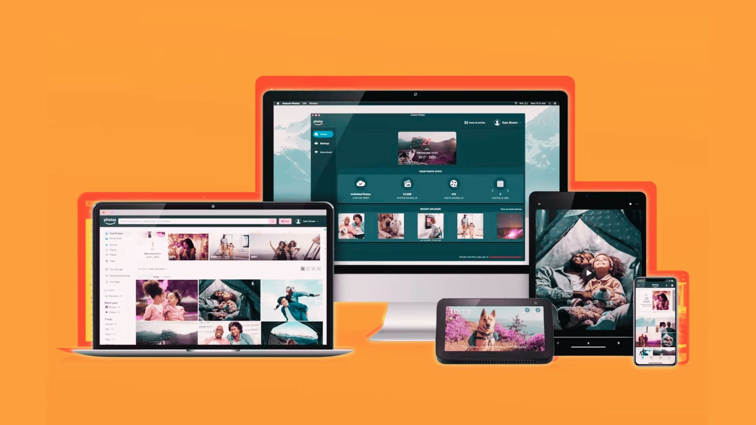 Amazon Photos on laptop, monitor, iPad, iPhone, and tablet.