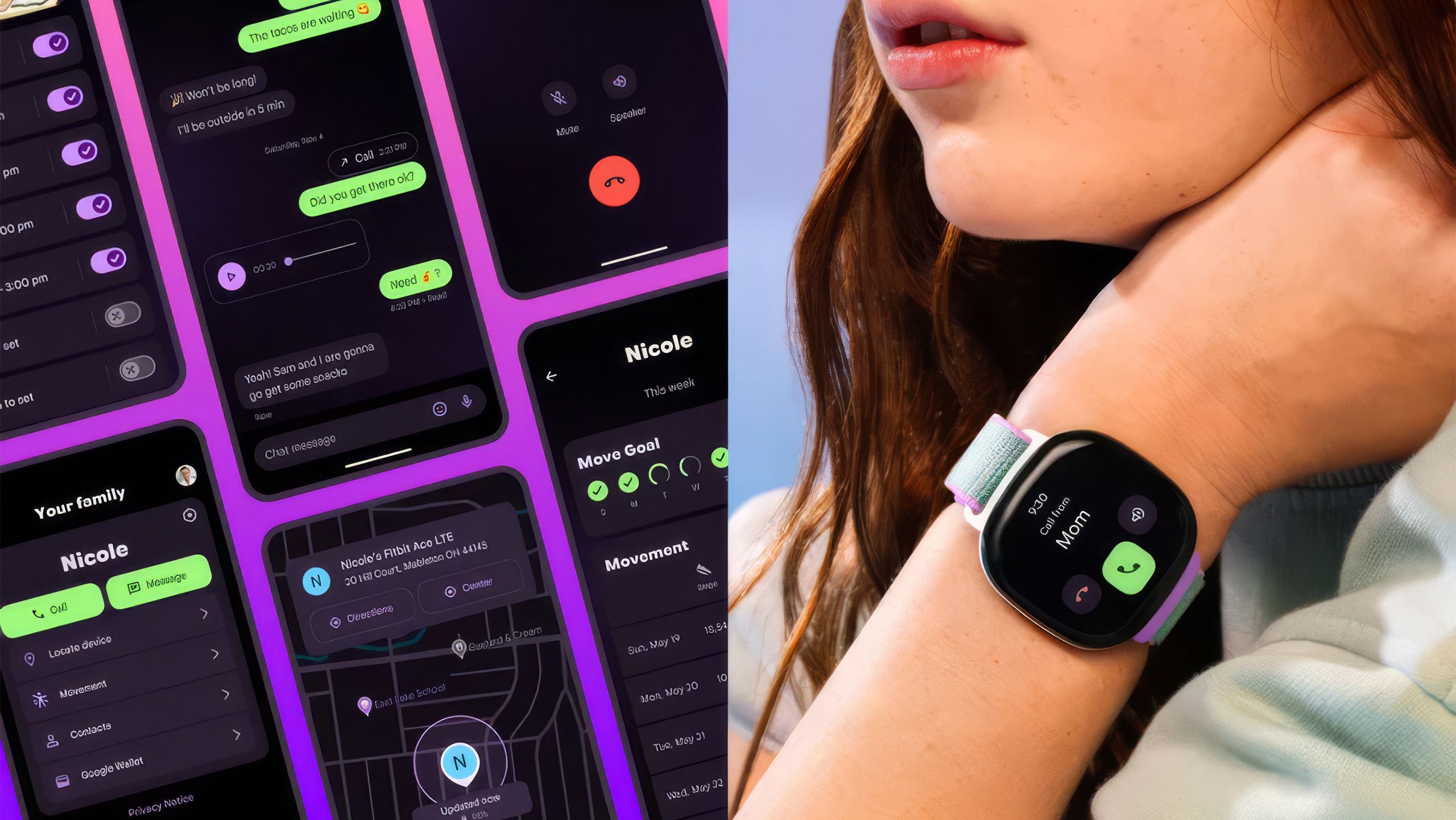 A graphic of phones against a purple background next to a photo of a girl wearing a Fitbit Ace LTE smartwatch. 
