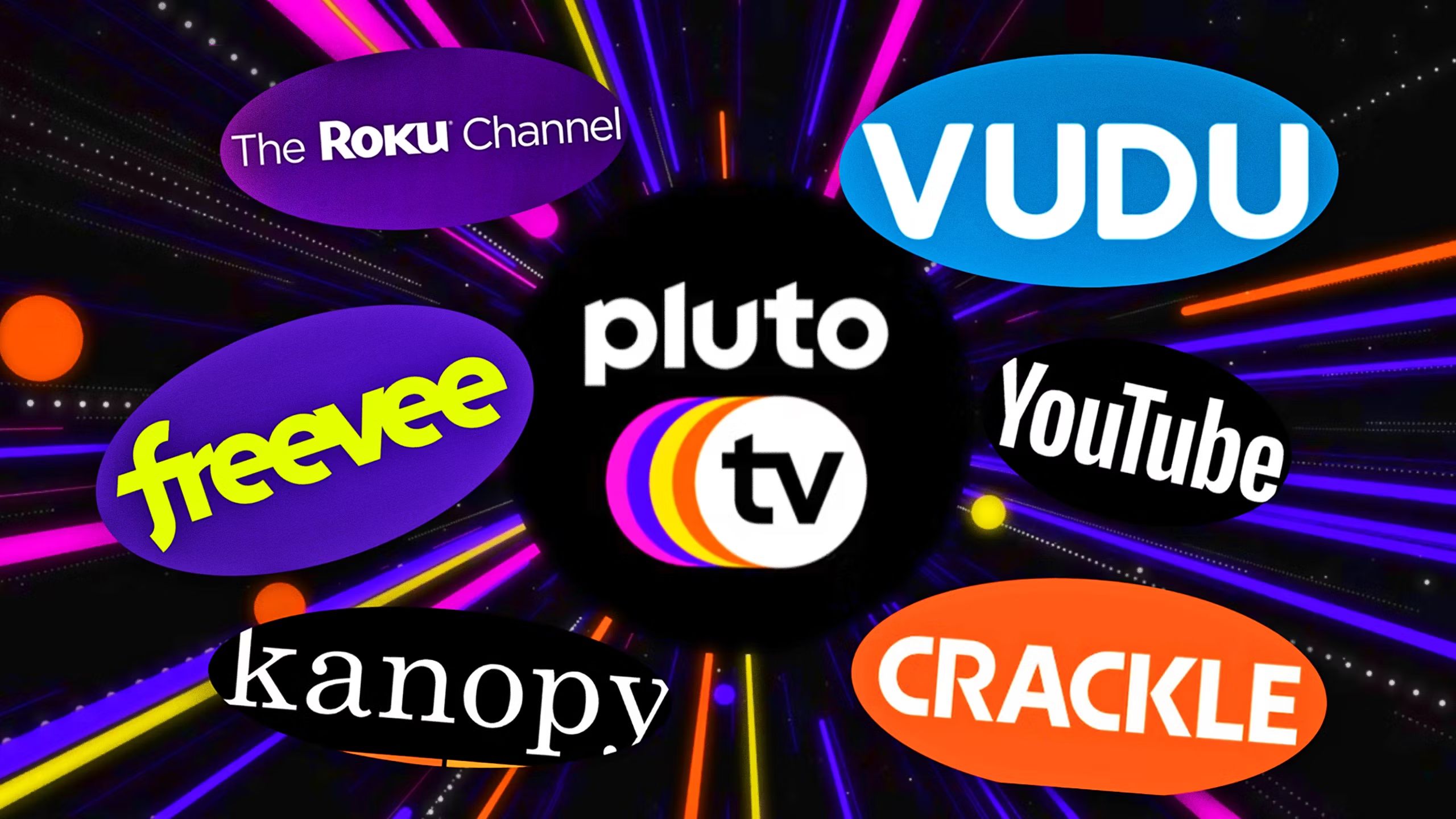 Free streaming service logos against a black and rainbow striped background.