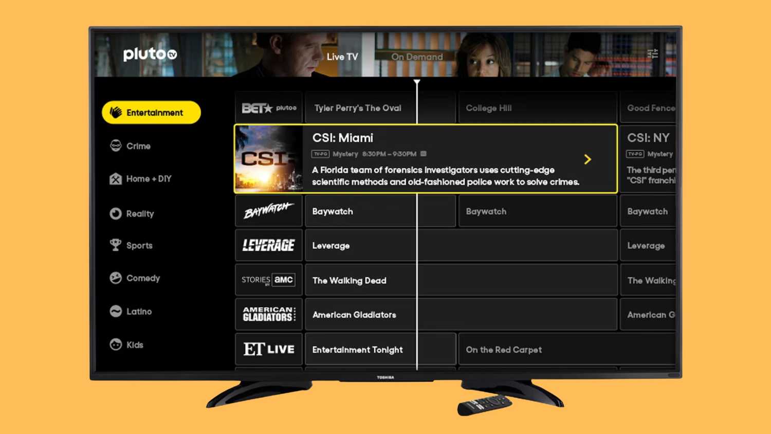 Pluto TV highlighting CSI: Miami