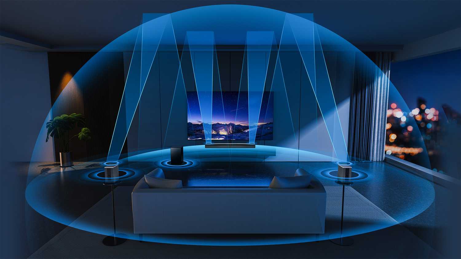 The TCL Q85H soundbar in a living room with blue graphics showing the surround sound. 