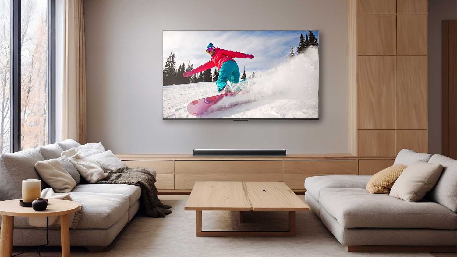 The TCL S45H soundbar under a living room TV.