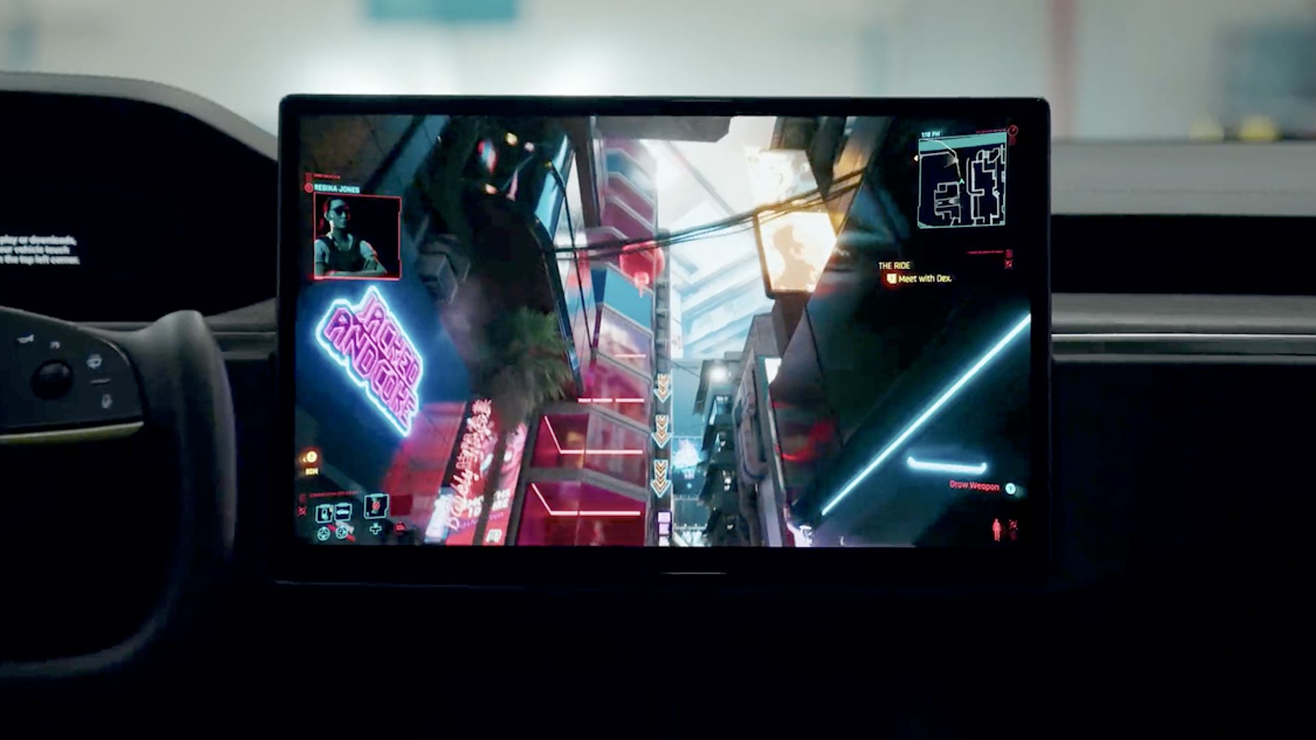 Cyberpunk 2077 running on a Tesla's dashboard.