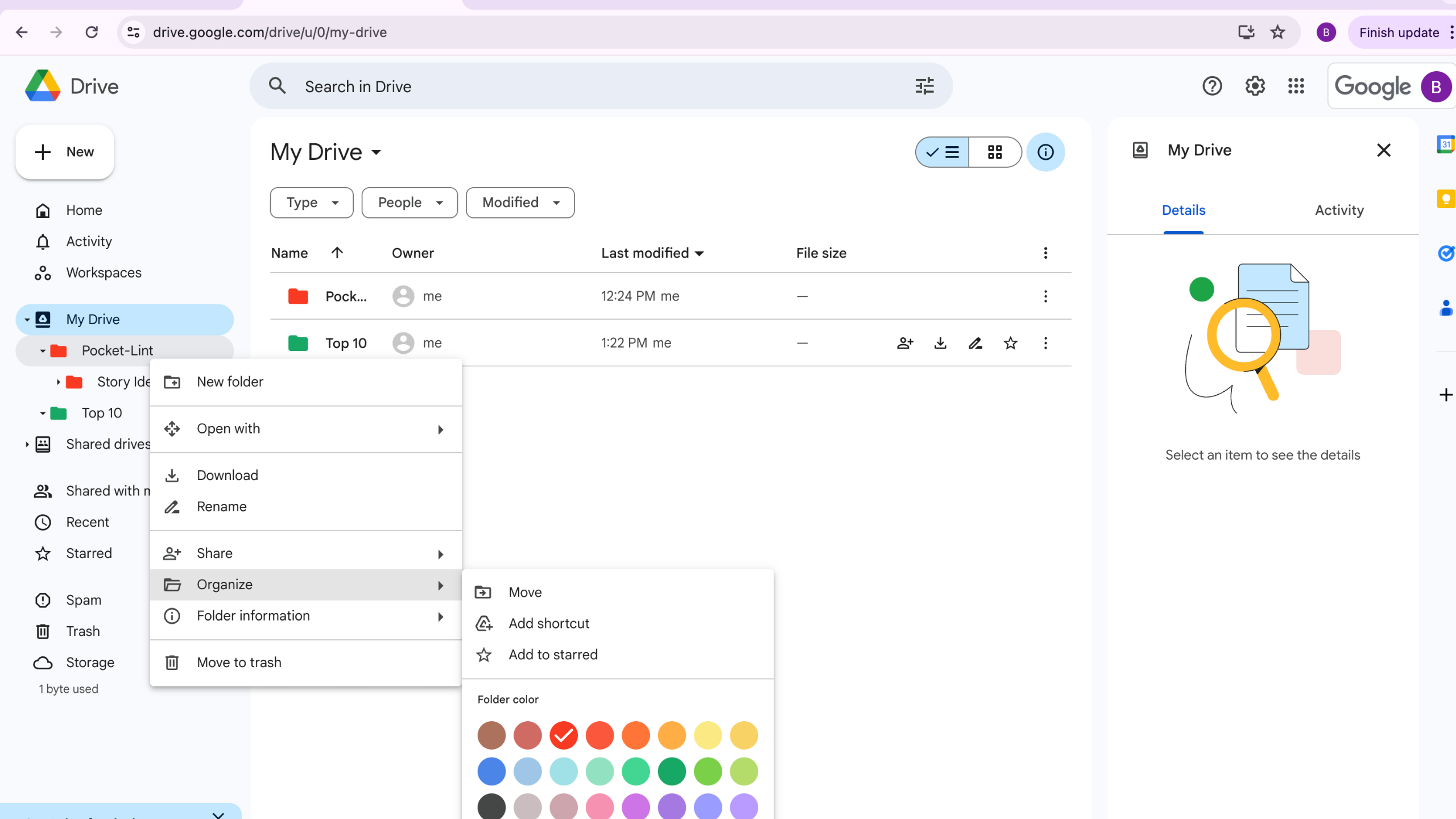 A screenshot showing how to color code Google Drive folders.