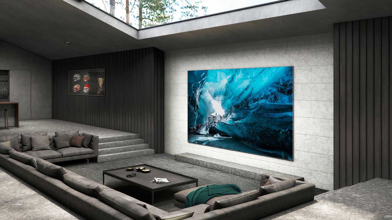 A Samsung Micro LED TV on a wall in a modern rendering of a home. 