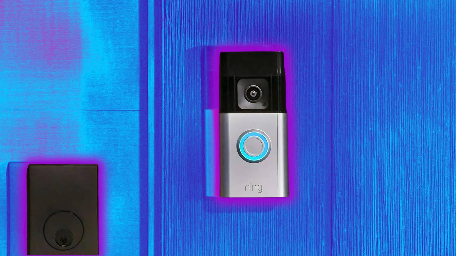 A Ring doorbell sits on doorframe