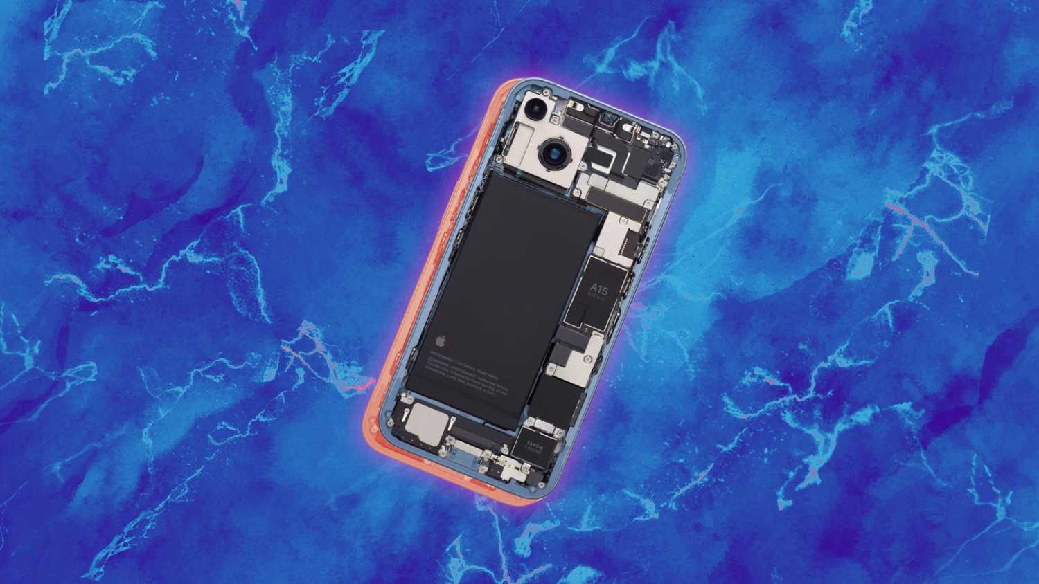 The inside of an iPhone, showing off its battery.