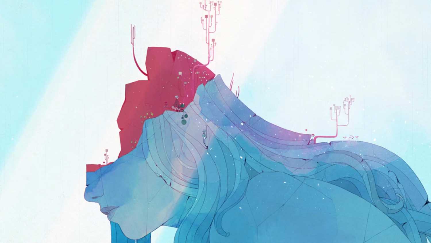 The protagonist of Gris stands on a broken statue.