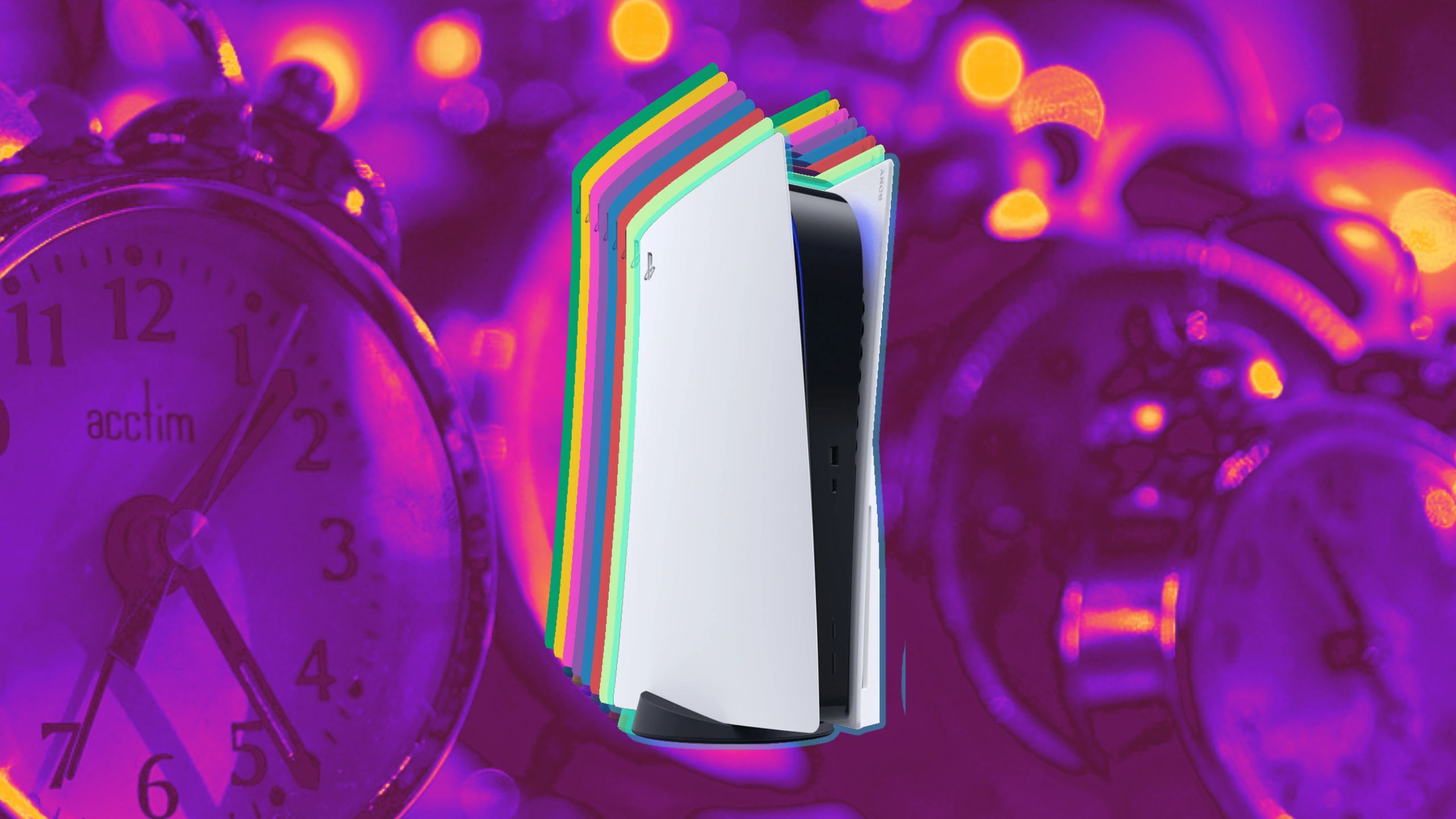 playstation 5 in multiple colors against a blurred purple backdrop of clocks. 