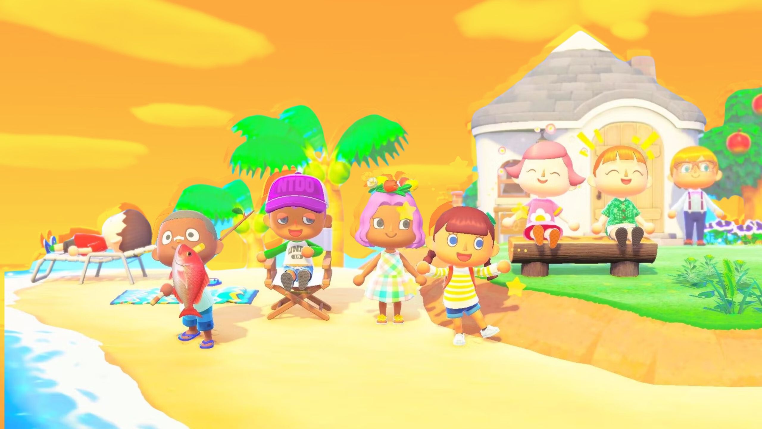 Animal Crossing New Horizons characters on colored background. 