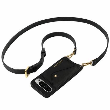 A Pixel 9 inside of a leather phone case with a crossbody strap.