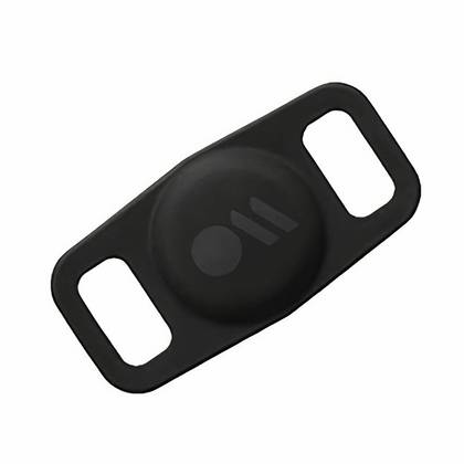 A black rubber case for an AirTag designed to be slipped through a dog collar.