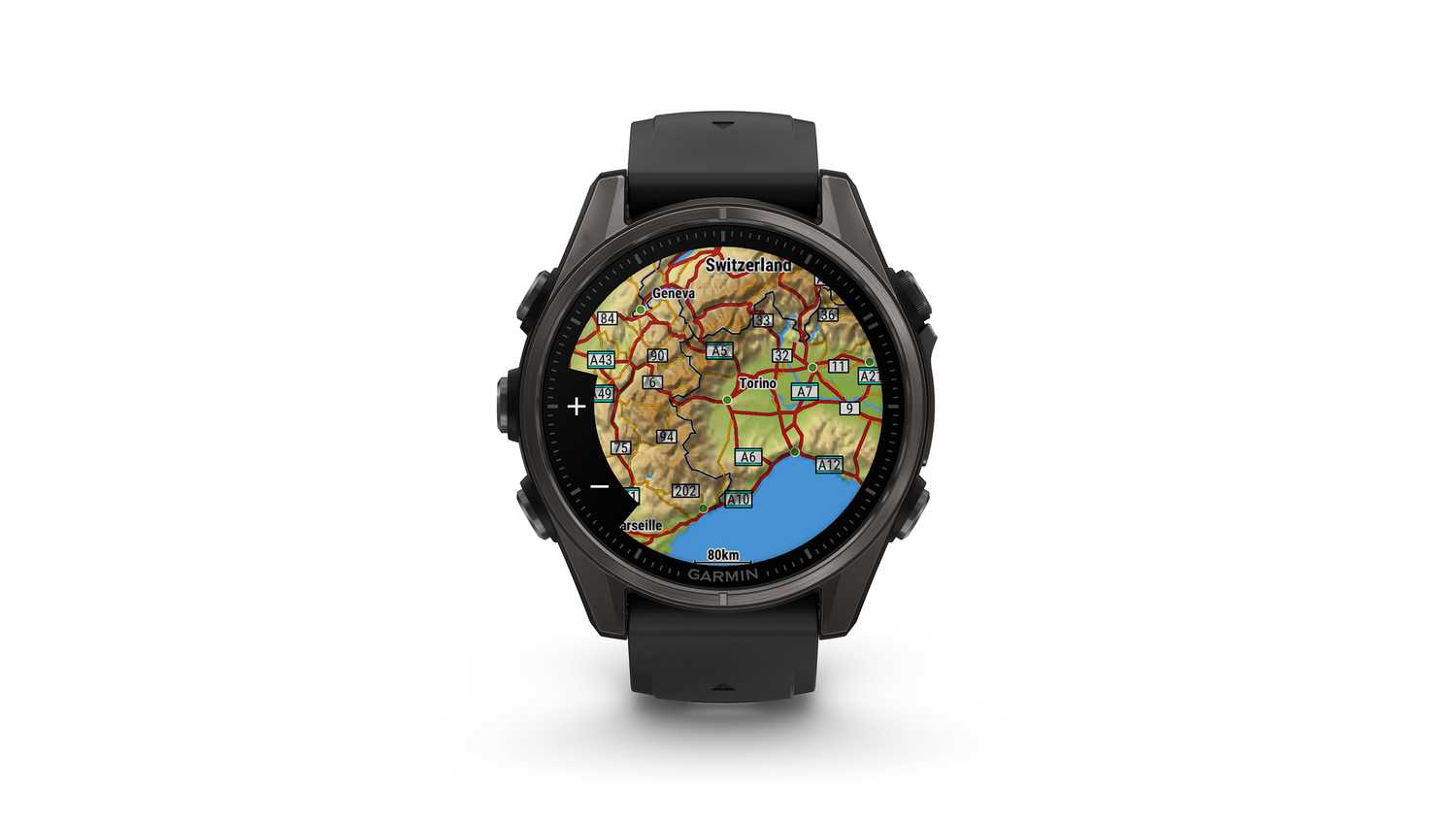 A topographic map is displayed on the Garmin fenix 8 while placed against a white background. 