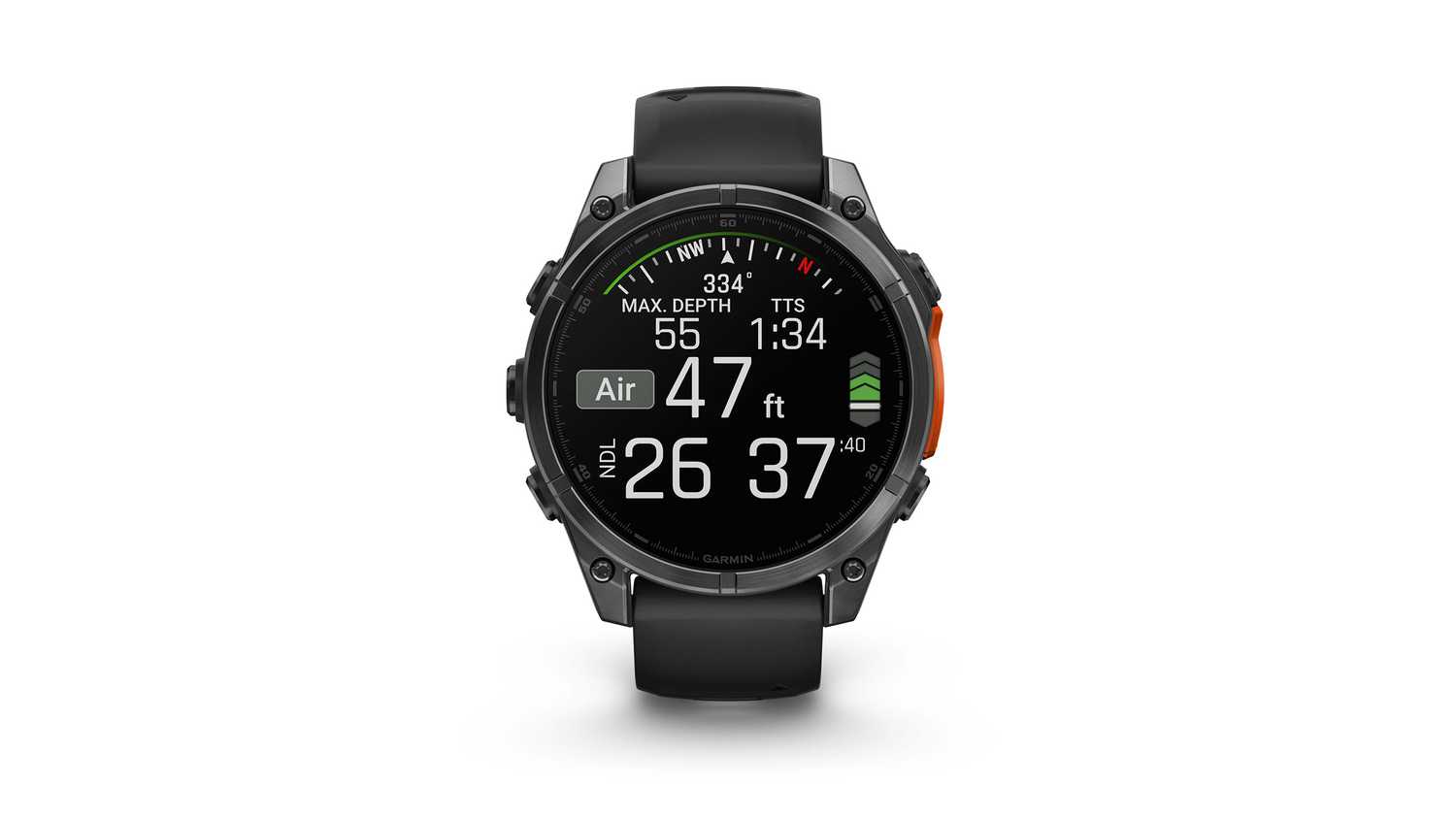 A Garmin fenix 8 watch with dive features on the display is placed against a white background. 
