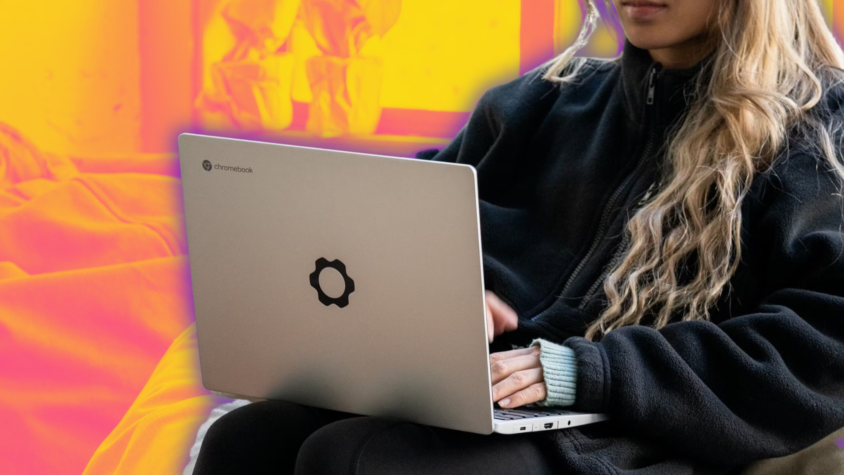 A woman using a Framework Chromebook on her lap.
