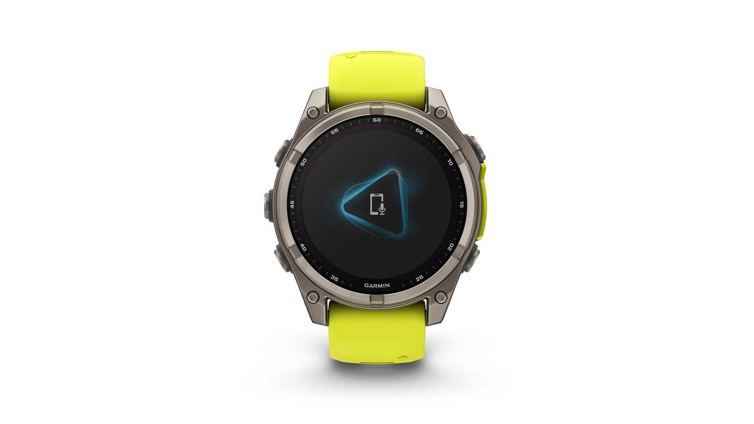 A Garmin fenix 8 watch is placed against a white background with the mic feature on the display. 