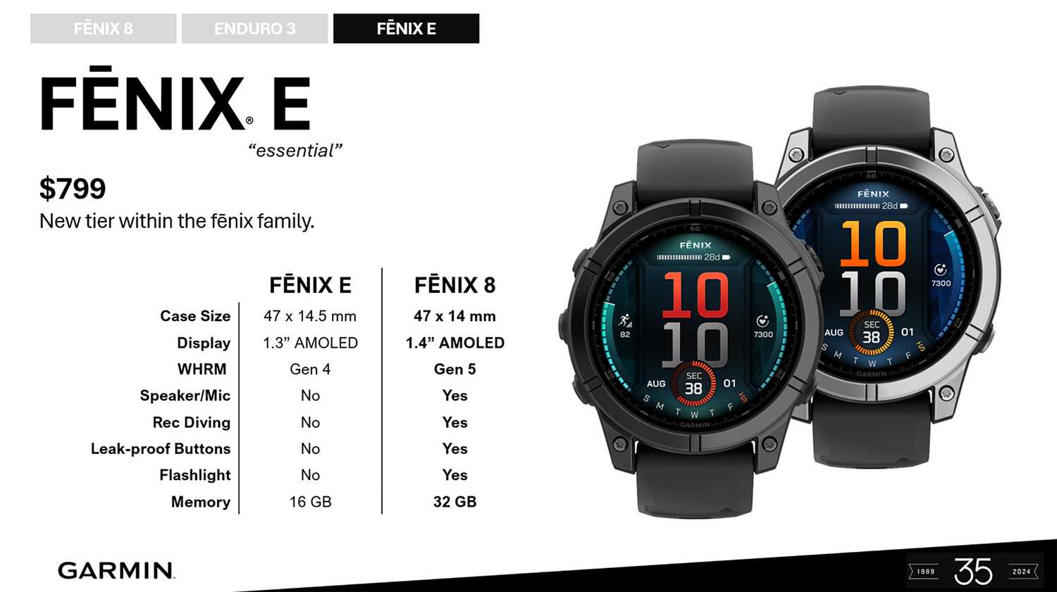 A comparison chart of the Garmin fenix E versus the fenis 8 smartwatch. 