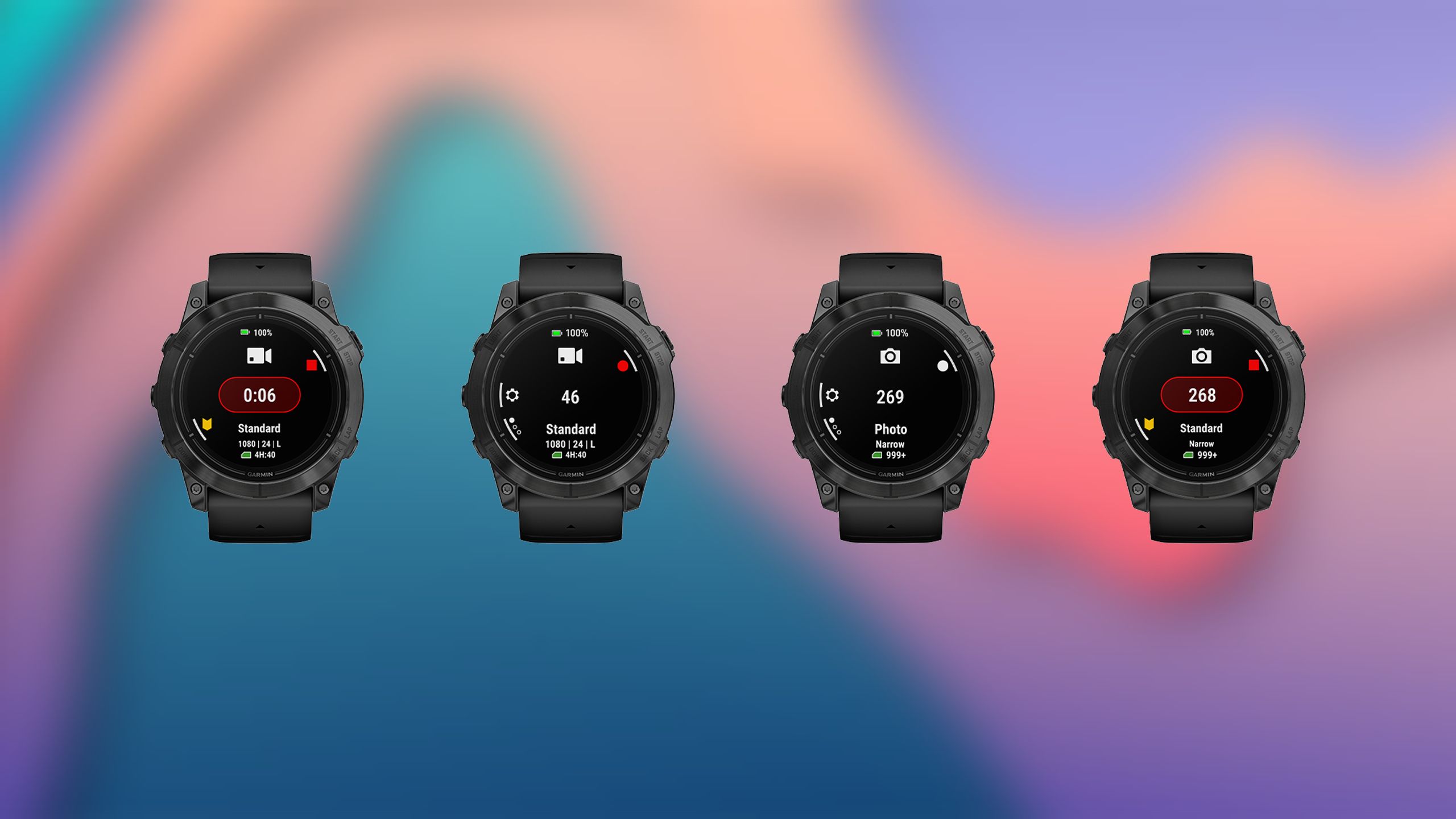 Four Garmin watches with the GoPro Camera Control app in front of a background with swirling blue, pink, and purple shapes. 
