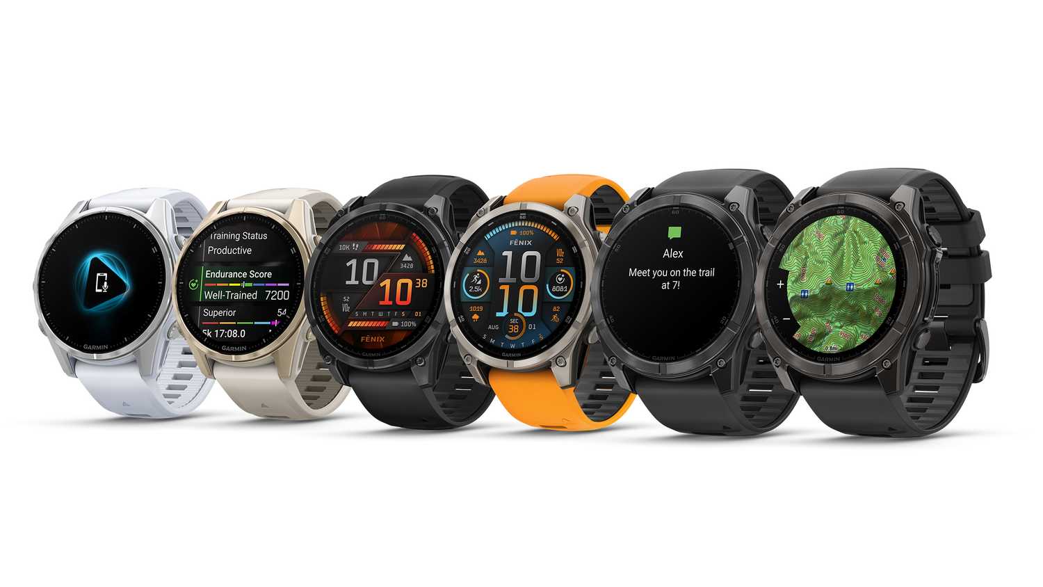 Six Garmin fenix 8 models are lined up against a white background. 