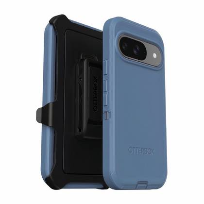 A blue and black thick phone case wrapped around a Pixel 9.