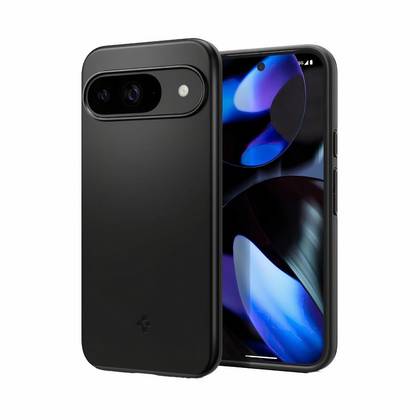 A thin matte black phone case wrapped around the back and front of the Pixel 9.