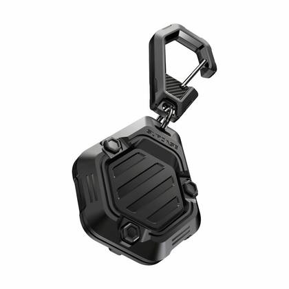 A ridged, black silicone AirTag case.