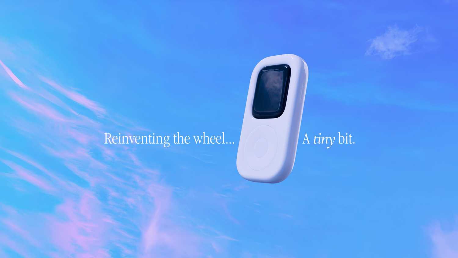 A marketing image for the tinyPod with it floating in a blue sky.