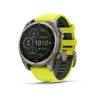 The Garmin Fenix 8 Solar sits against a white background. 