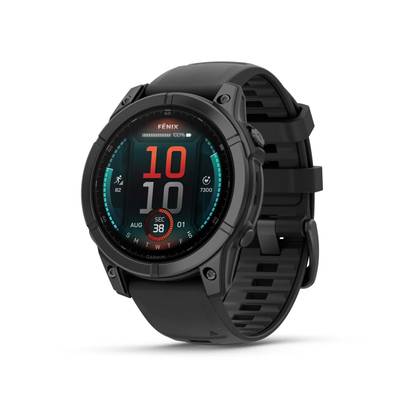 The Garmin Fenix E sits against a white background. 
