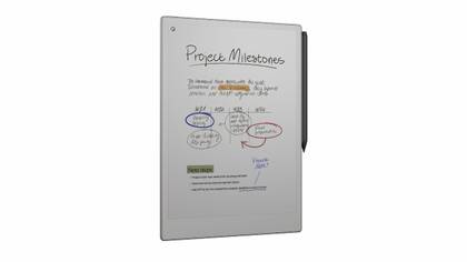 A color E Ink tablet with a stylus on a white background.