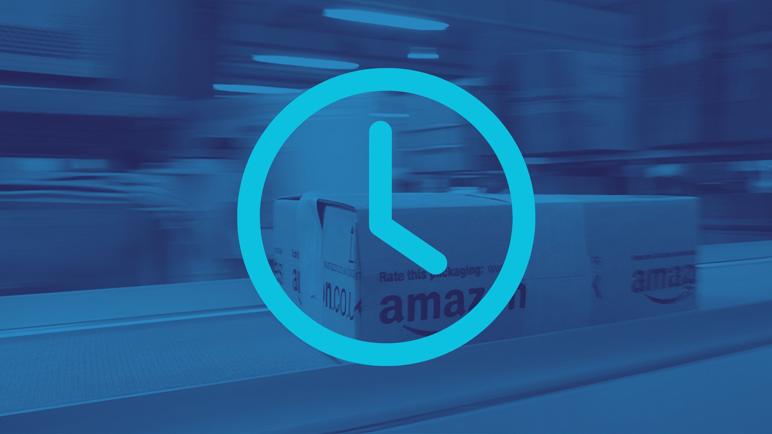 A clock icon on a colored background showing an Amazon package on a conveyor belt