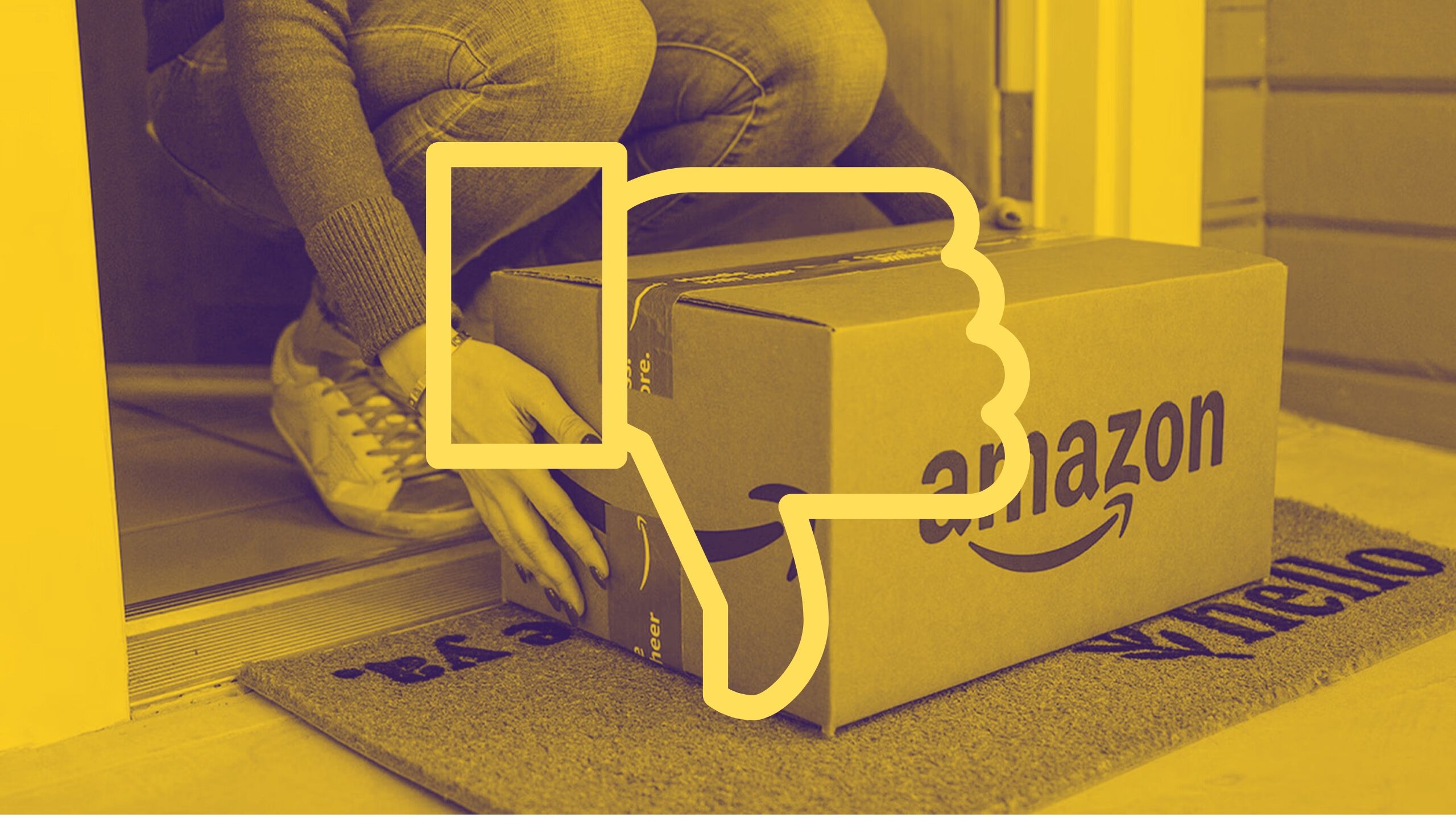 A thumbs down emoji over a colored background showing an Amazon delivery