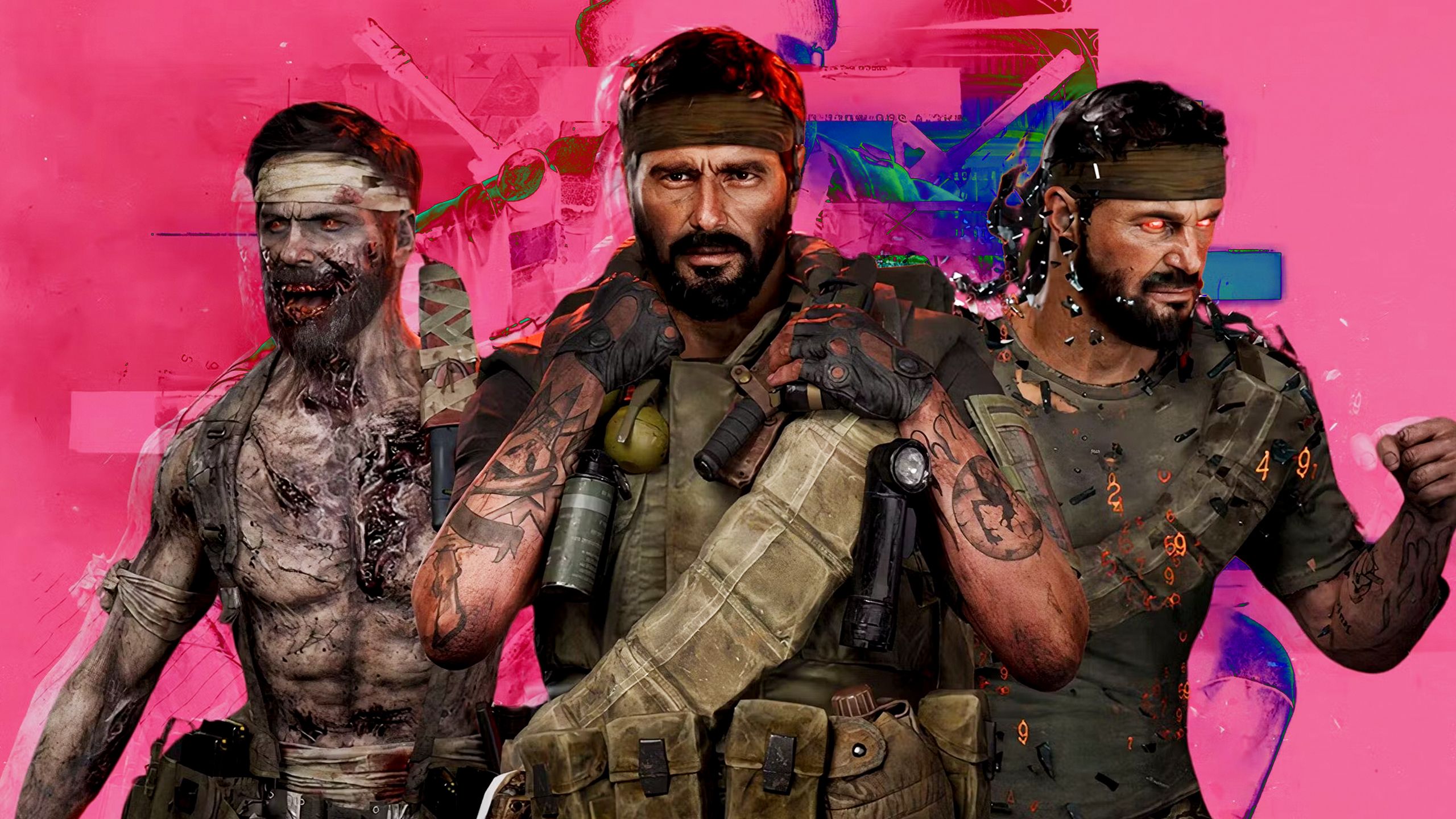 Black Ops 6 Woods Operator in zombie, regular, and super human form. 